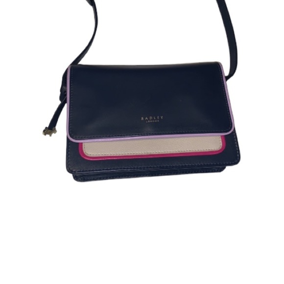 RADLEY London Navy Blue Leather Crossbody Purse with Pink and Purple Accents - Picture 1 of 14